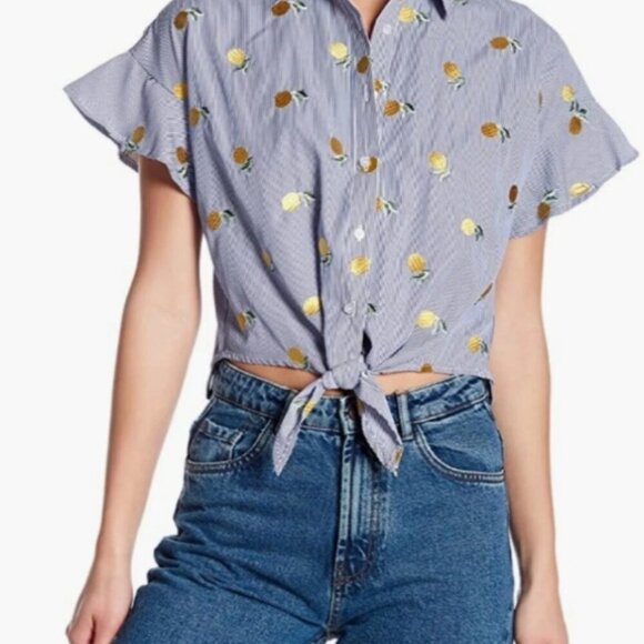 Love Fire Front Tie Ruffle Sleeve Pinstripe Blouse, embroidered lemon Size L/G - Picture 4 of 6